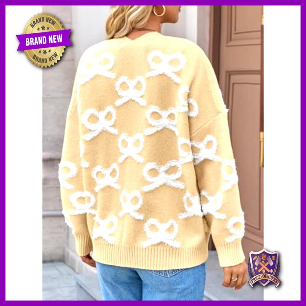Chunky Knit Cardigan Sweater Oversized Loose Fit Button Up Bow Embroidery - Picture 4 of 6